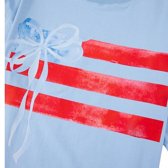 Light Blue Flag Bow Graphic Crewneck Top New Sizes S M L XL - Picture 3 of 9